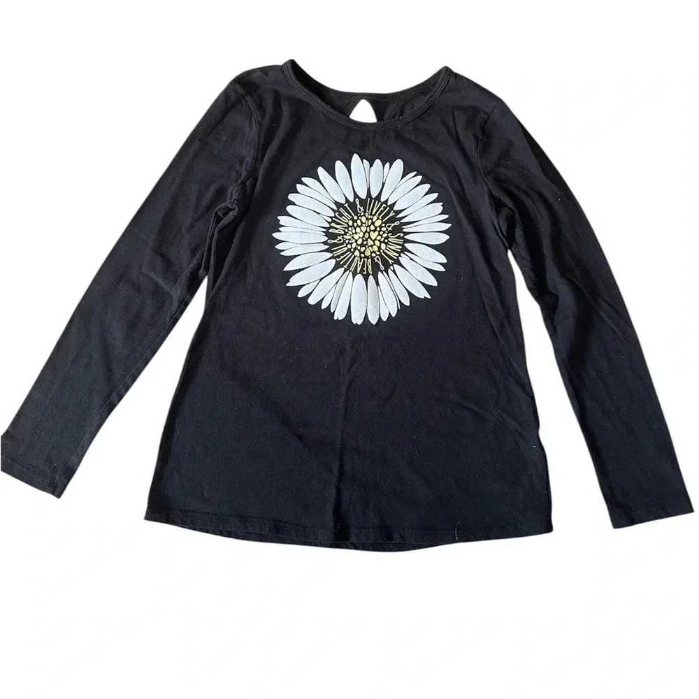 Justice Black Daisy Graphic Long Sleeve Tee Boho Whimsy Girls Size 10